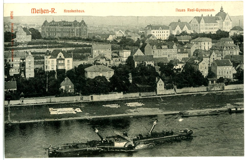 09248-Meißen-1907-Krankenhaus, Gymnasium, Elbe mit Schlepper-Brück & Sohn Kunstverlag