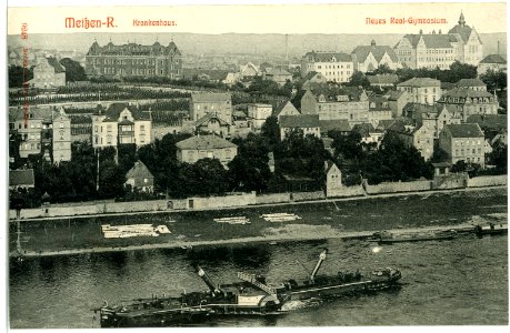 09248-Meißen-1907-Krankenhaus, Gymnasium, Elbe mit Schlepper-Brück & Sohn Kunstverlag