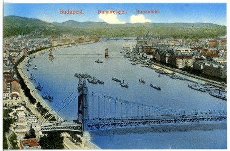 09490-Budapest-1908-Blick auf die Stadt und Donau mit Schiffen-Brück & Sohn Kunstverlag