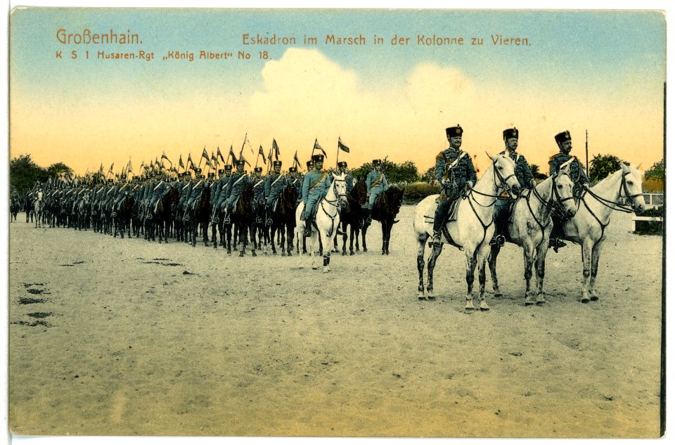 09376-Großenhain-1907-Eskadron in Marsch Kolonne zu Vieren - Husaren-Regiment Nr. 18-Brück & Sohn Kunstverlag