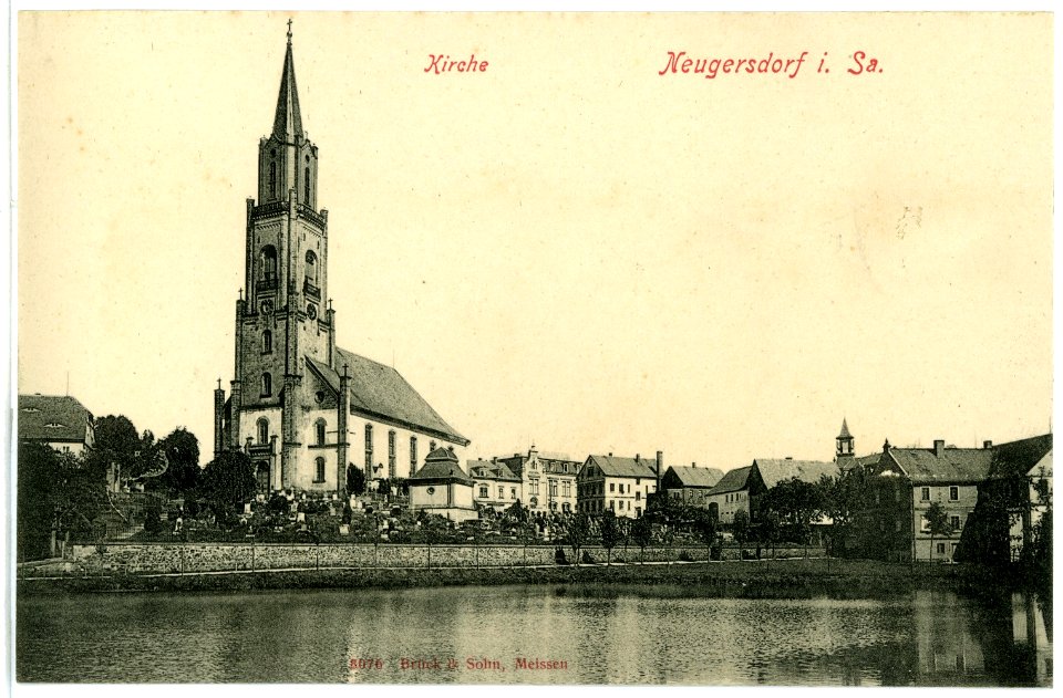 08076-Neugersdorf-1906-Kirche und Teich-Brück & Sohn Kunstverlag