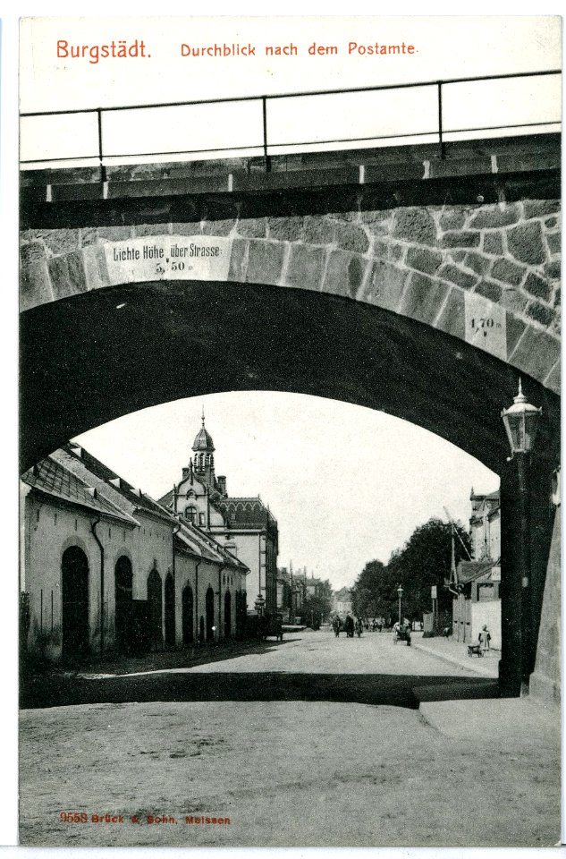 09558-Burgstädt-1908-Durchblick nach dem Postamt-Brück & Sohn Kunstverlag