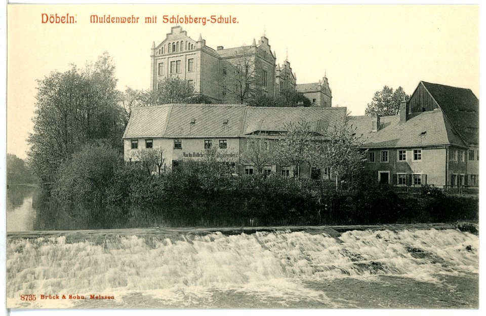 08735-Döbeln-1907-Muldenwehr mit Schloßberg - Schule-Brück & Sohn Kunstverlag