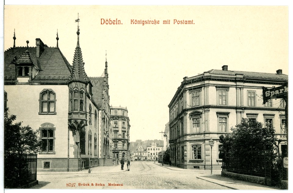 08727-Döbeln-1907-Königstraße mit Postamt-Brück & Sohn Kunstverlag
