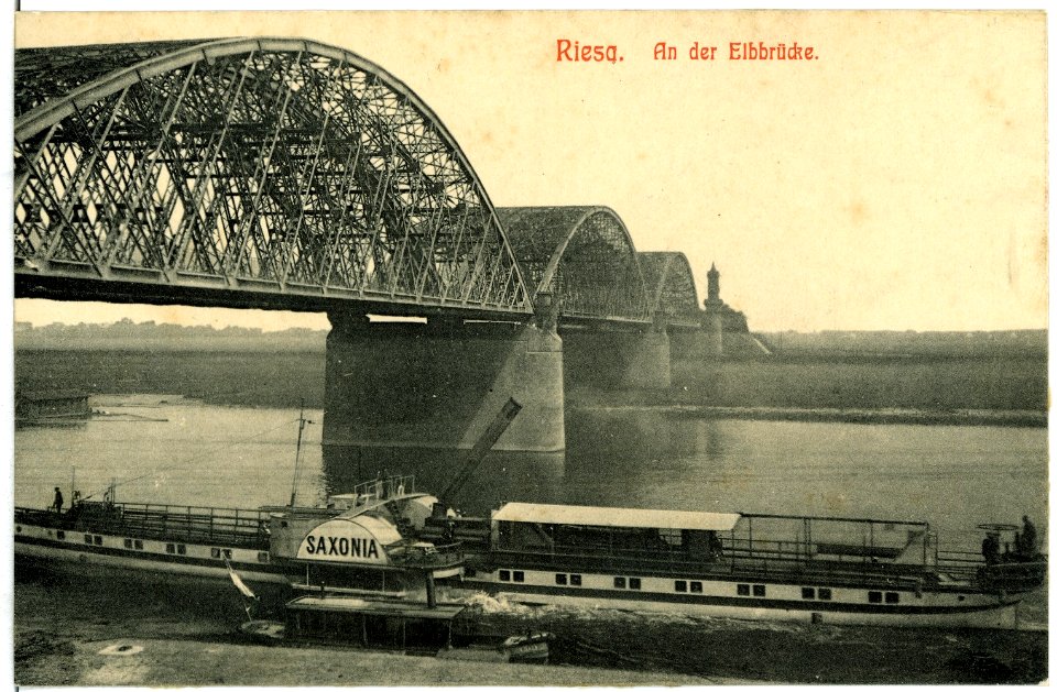 07932-Riesa-1906-Elbbrücke mit Dampfer Saxonia-Brück & Sohn Kunstverlag