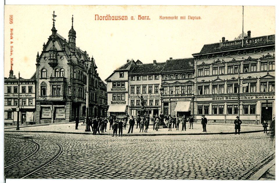 09295-Nordhausen-1907-Kornmarkt mit Neptun-Brück & Sohn Kunstverlag