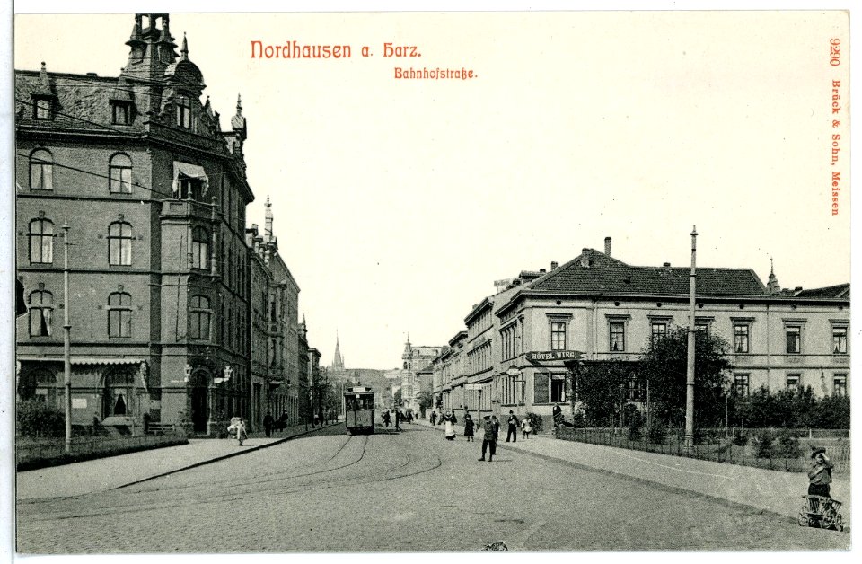 09290-Nordhausen-1907-Bahnhofstraße mit Straßenbahn-Brück & Sohn Kunstverlag