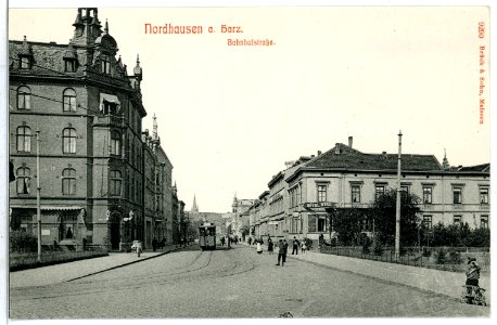 09290-Nordhausen-1907-Bahnhofstraße mit Straßenbahn-Brück & Sohn Kunstverlag