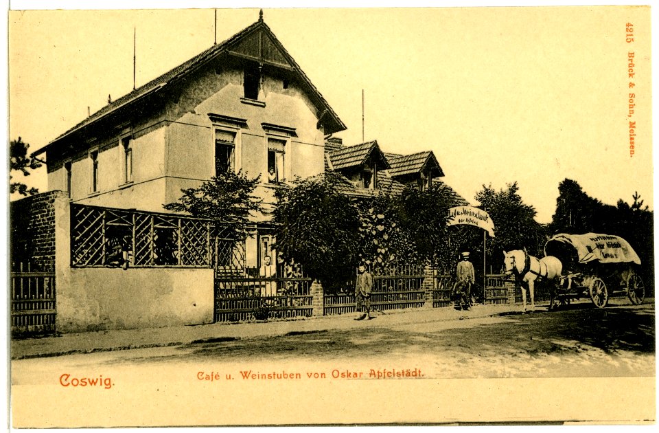 04215-Coswig-1903-Cafe Apfelstädt mit Pferdeplanwagen-Brück & Sohn Kunstverlag