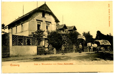 04215-Coswig-1903-Cafe Apfelstädt mit Pferdeplanwagen-Brück & Sohn Kunstverlag