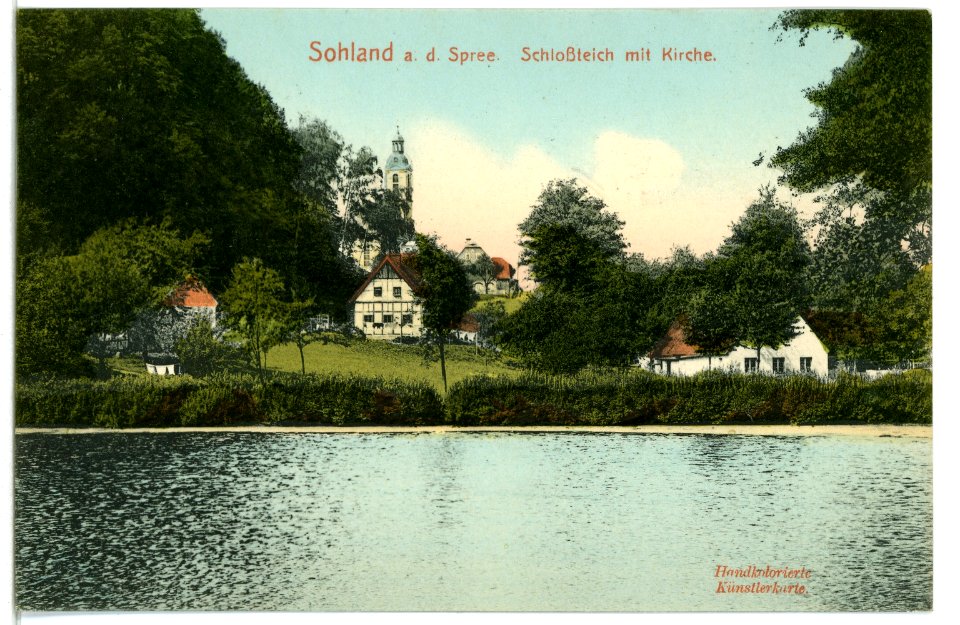 08591-Sohland-1907-Schloßteich mit Kirche-Brück & Sohn Kunstverlag