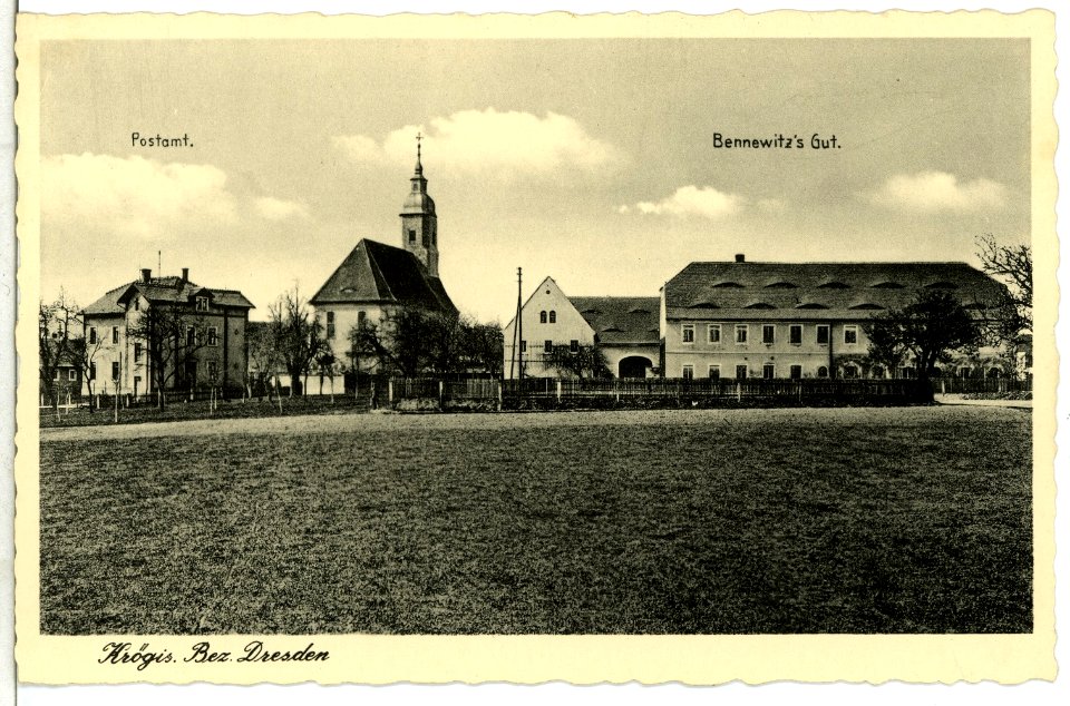 08712-Krögis-1907-Postamt, Kirche, Gut Bennewitz-Brück & Sohn Kunstverlag