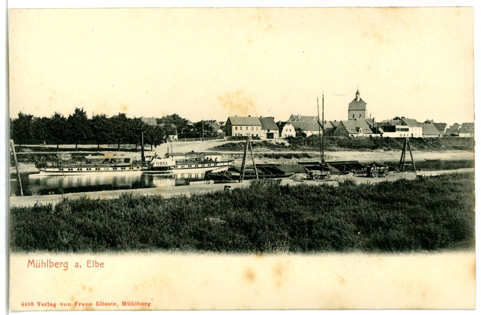 04459-Mühlberg-1903-Blick nach Mühlberg - Elbe mit Damfer Pirna-Brück & Sohn Kunstverlag
