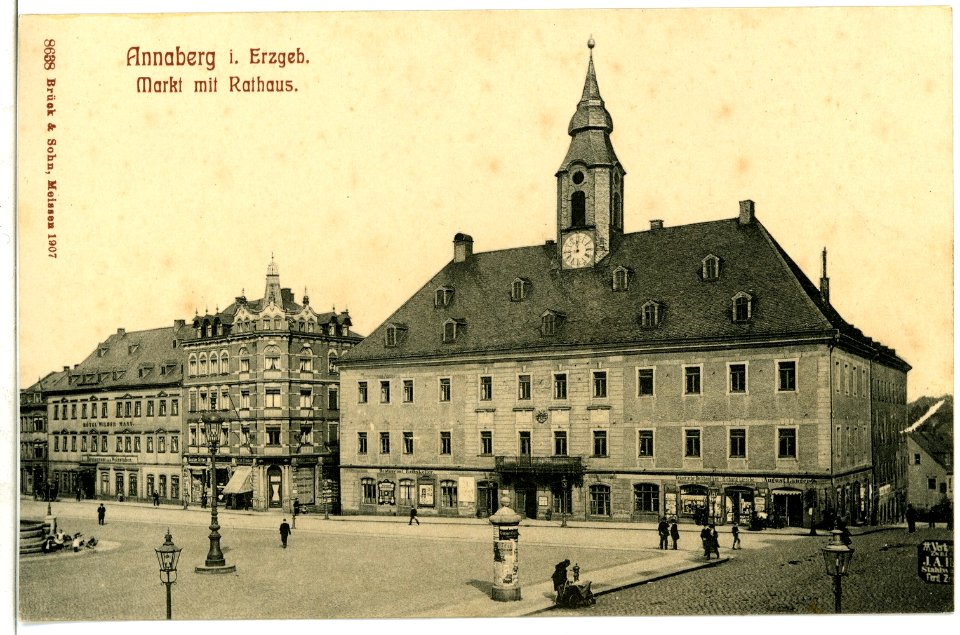08638-Annaberg-1907-Marktplatz mit Rathaus-Brück & Sohn Kunstverlag