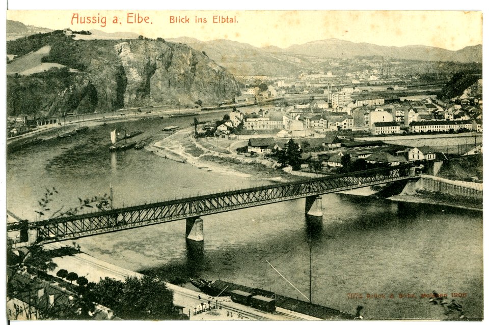07974-Aussig-1906-Blick ins Elbtal mit Brücke-Brück & Sohn Kunstverlag