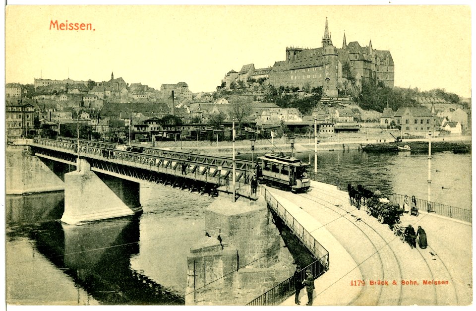 04179-Meißen-1903-Albrechtsburg mit Elbbrücke und Straßenbahn-Brück & Sohn Kunstverlag
