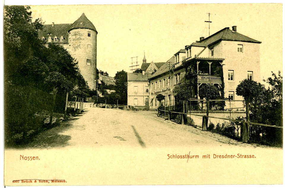 04307-Nossen-1903-Schloßturm mit Dresdner Straße-Brück & Sohn Kunstverlag
