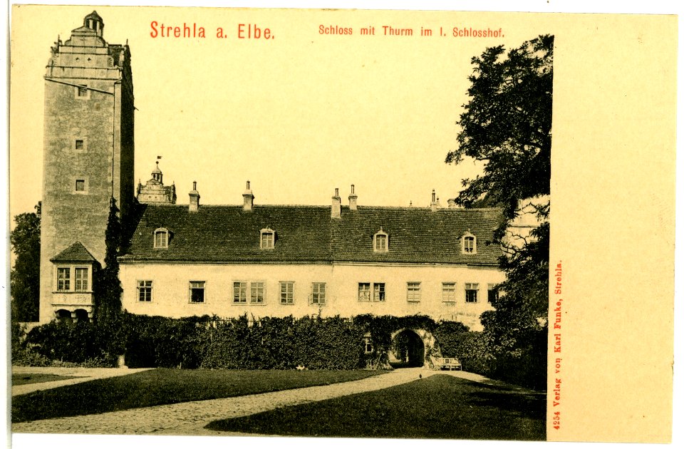 04254-Strehla-1903-Schloß mit Turm und 1. Schloßhof-Brück & Sohn Kunstverlag