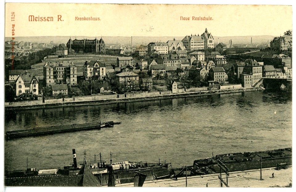 08711-Meißen-1907-Krankenhaus, Neue Realschule, Elbe mit Schleppzug-Brück & Sohn Kunstverlag