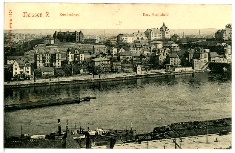 08711-Meißen-1907-Krankenhaus, Neue Realschule, Elbe mit Schleppzug-Brück & Sohn Kunstverlag