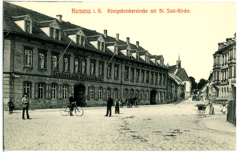 04604-Kamenz-1903-Königsbrücker Straße mit St. Just Kirche-Brück & Sohn Kunstverlag