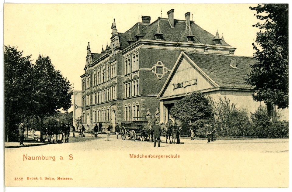 04882-Naumburg-1903-Mädchenbürgerschule und Pferdefuhrwerk-Brück & Sohn Kunstverlag