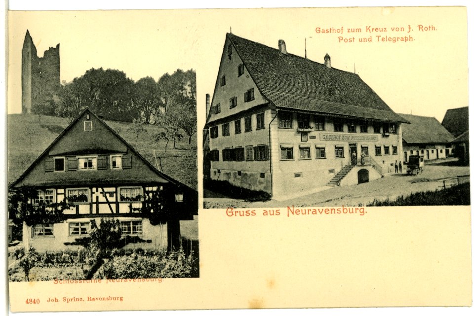 04840-Neuravensburg-1903-Schloßruine und Gasthof zum Kreuz-Brück & Sohn Kunstverlag