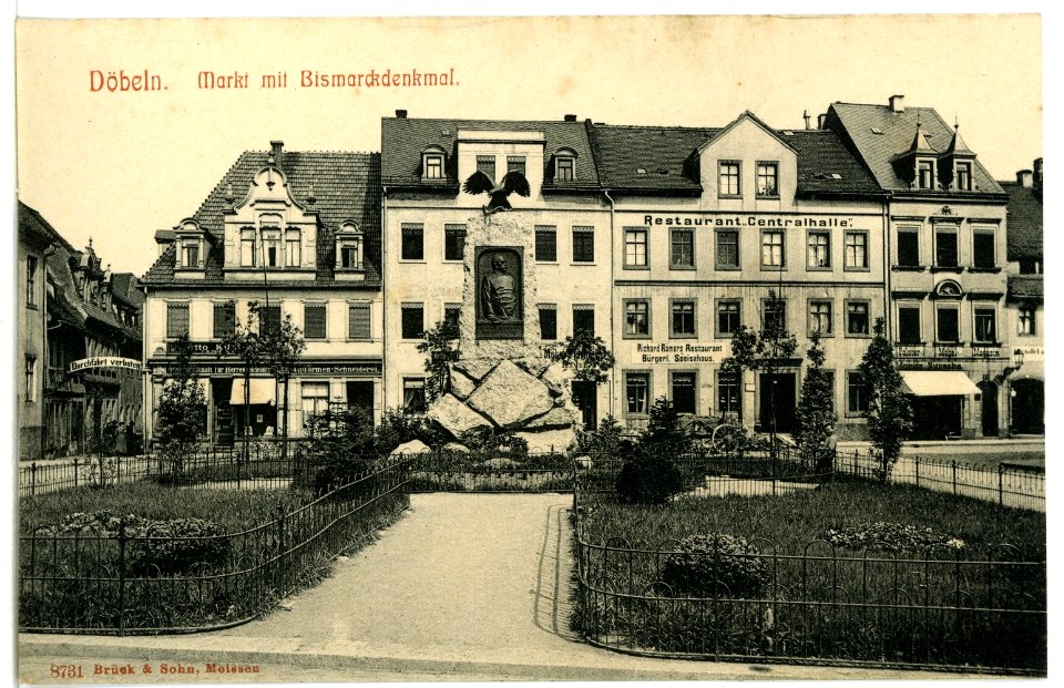 08731-Döbeln-1907-Markt mit Bismarckdenkmal-Brück & Sohn Kunstverlag