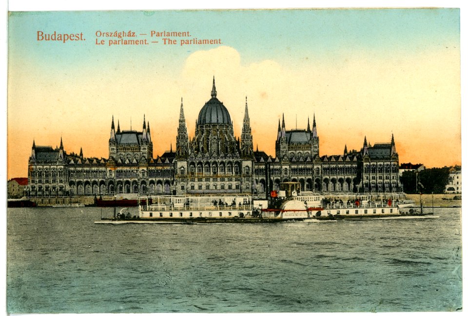 08708-Budapest-1907-Parlament mit Donau und Dampfer Hattyu-Brück & Sohn Kunstverlag