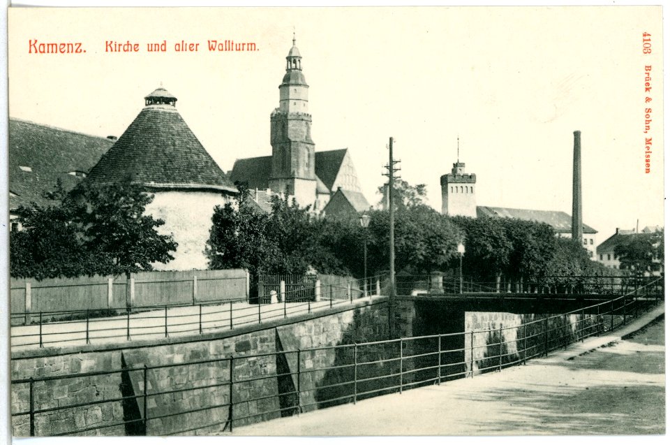 04103-Kamenz-1903-Kirche und alter Wallturm-Brück & Sohn Kunstverlag