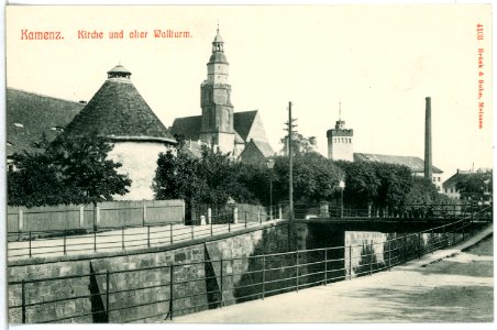 04103-Kamenz-1903-Kirche und alter Wallturm-Brück & Sohn Kunstverlag
