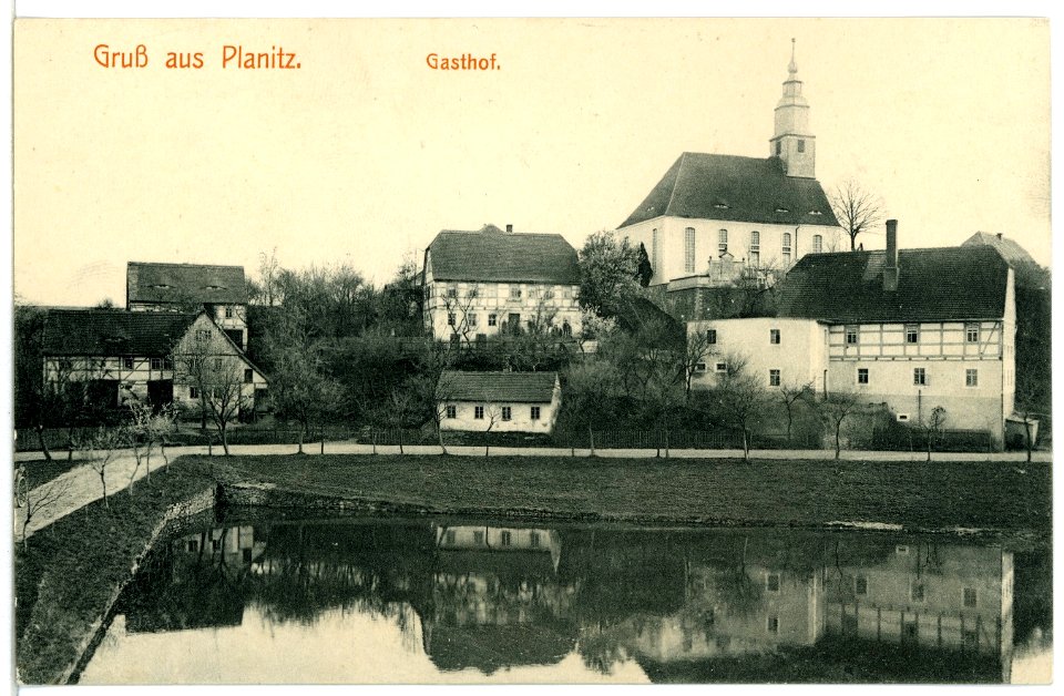 04568-Planitz-1903-Gasthof und Kirche-Brück & Sohn Kunstverlag