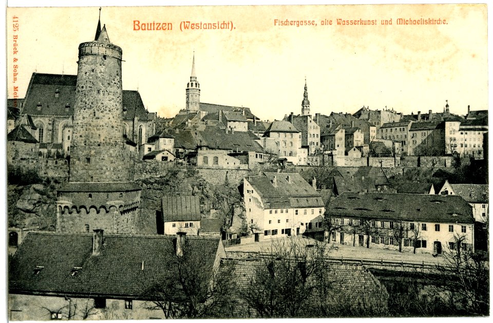 04125-Bautzen-1903-Fischergasse, alte Wasserkunst, Michaeliskirche-Brück & Sohn Kunstverlag