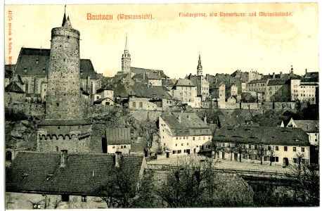04125-Bautzen-1903-Fischergasse, alte Wasserkunst, Michaeliskirche-Brück & Sohn Kunstverlag