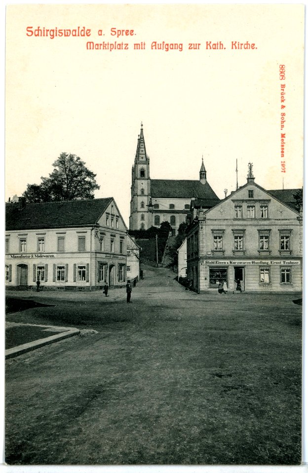 08608-Schirgiswalde-1907-Markt mit Aufgang zur Katholischen Kirche-Brück & Sohn Kunstverlag