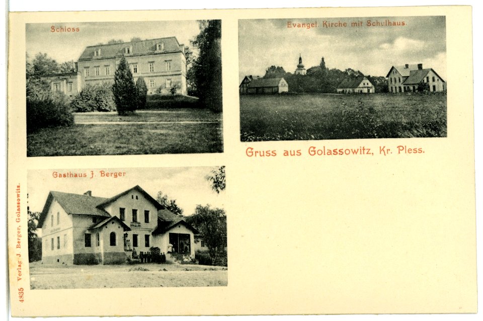 04835-Golassowitz-1903-Evangelische Kirche, Schloß und Gasthaus-Brück & Sohn Kunstverlag