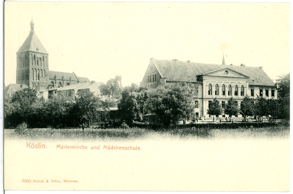 03500-Köslin-1903-Marienkirche und Mädchenschule-Brück & Sohn Kunstverlag