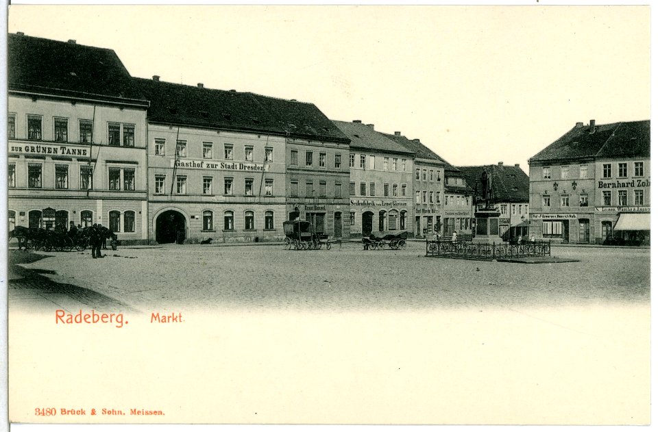 03480-Radeberg-1903-Markt mit Gasthof zur grünen Tanne und Stadt Dresden-Brück & Sohn Kunstverlag