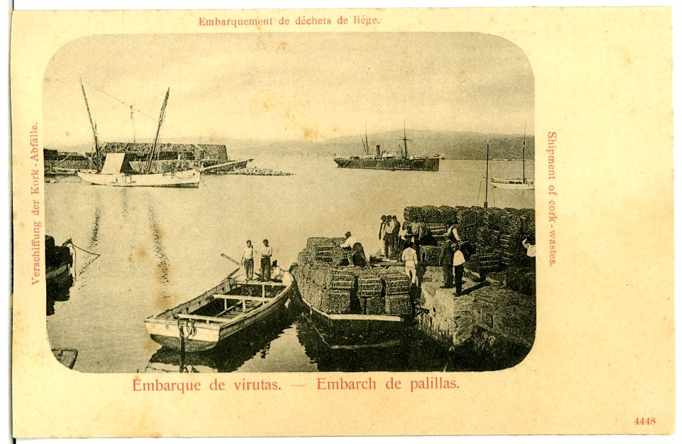 04448--1903-Verschiffung der Korkabfälle - Hafen mit Schiff und Booten-Brück & Sohn Kunstverlag