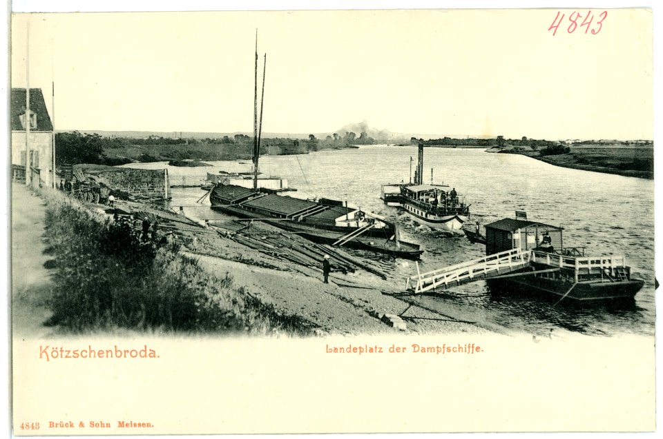 04843-Kötzschenbroda-1903-Elbansicht mit Dampfer und Lastkahn, Landeplatz-Brück & Sohn Kunstverlag