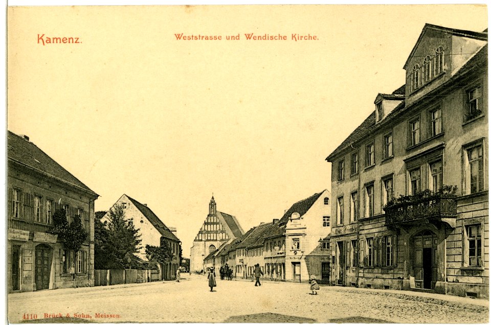 04110-Kamenz-1903-Weststraße und Wendische Kirche-Brück & Sohn Kunstverlag
