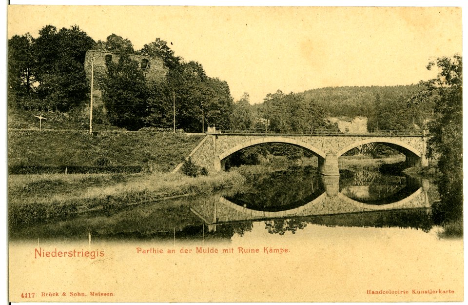 04417-Niederstriegis-1903-Mulde mit Brücke und Ruine Kämpe-Brück & Sohn Kunstverlag
