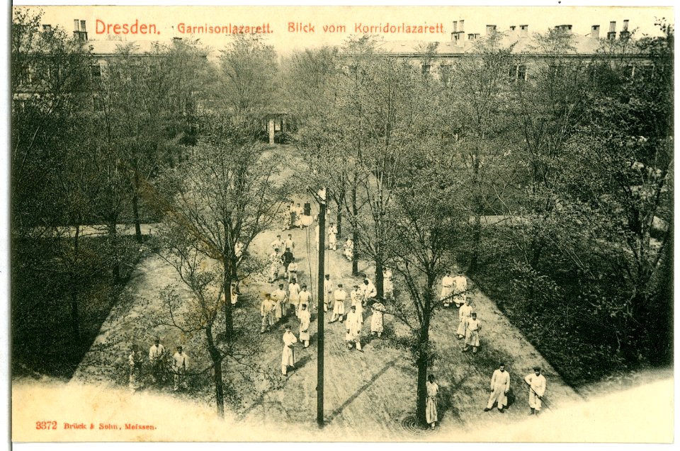 03372-Dresden-1903-Garnisonslazarett Blick vom Korridorlazarett-Brück & Sohn Kunstverlag