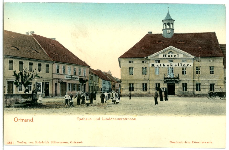 04831-Ortrand-1903-Rathaus, Ratskeller und Lindenauer Straße-Brück & Sohn Kunstverlag