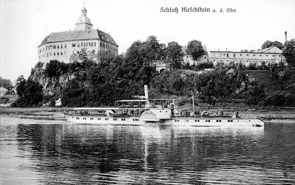 04013-Hirschstein-1903-Schloß mit Elbe und Dampfer Hohenzollern-Brück & Sohn Kunstverlag