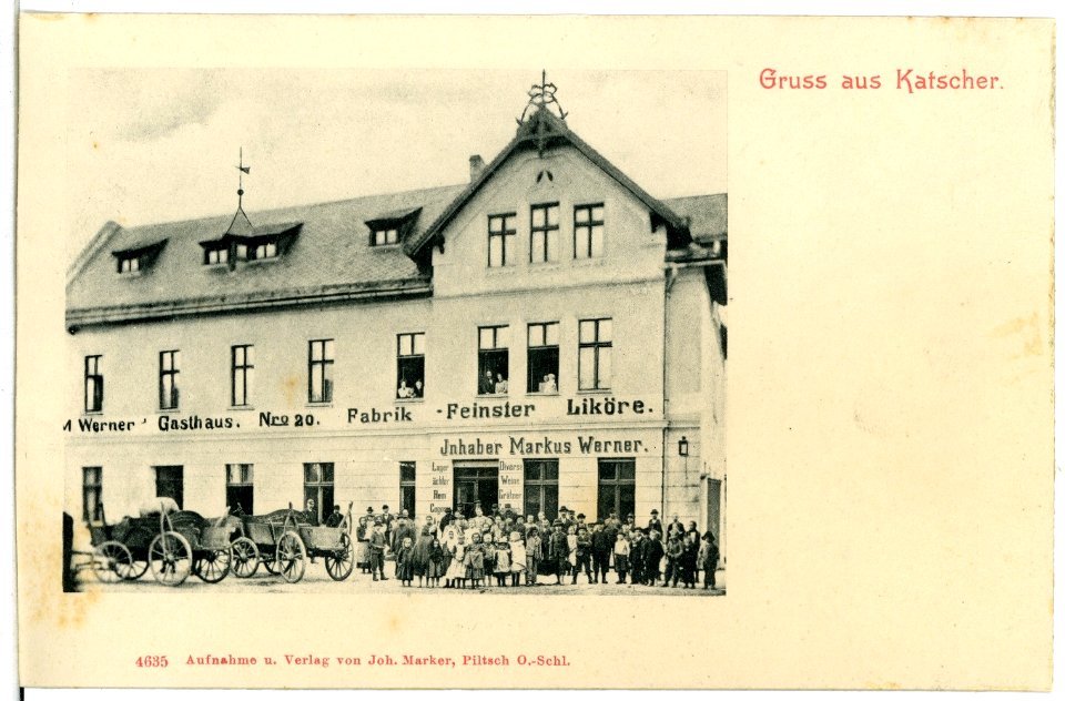 04635-Katscher-1903-Gasthaus mit Pferdewagen und Menschen-Brück & Sohn Kunstverlag