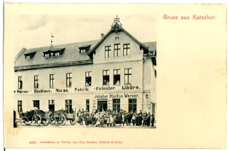 04635-Katscher-1903-Gasthaus mit Pferdewagen und Menschen-Brück & Sohn Kunstverlag
