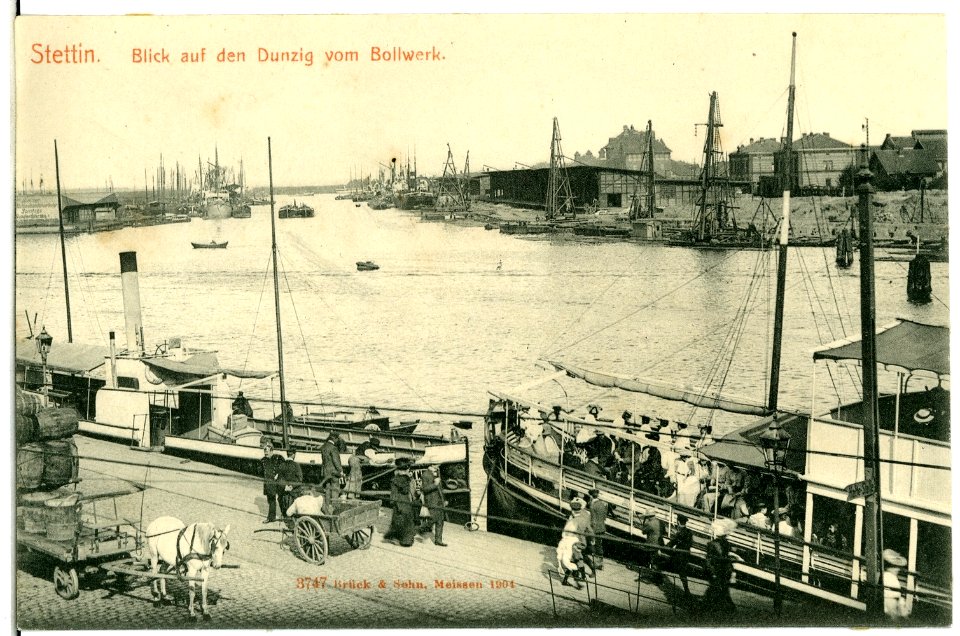 03747-Stettin-1903-Blick auf d. Dunzig vom Bollwerk mit Schiffen-Brück & Sohn Kunstverlag