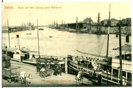 03747-Stettin-1903-Blick auf d. Dunzig vom Bollwerk mit Schiffen-Brück & Sohn Kunstverlag