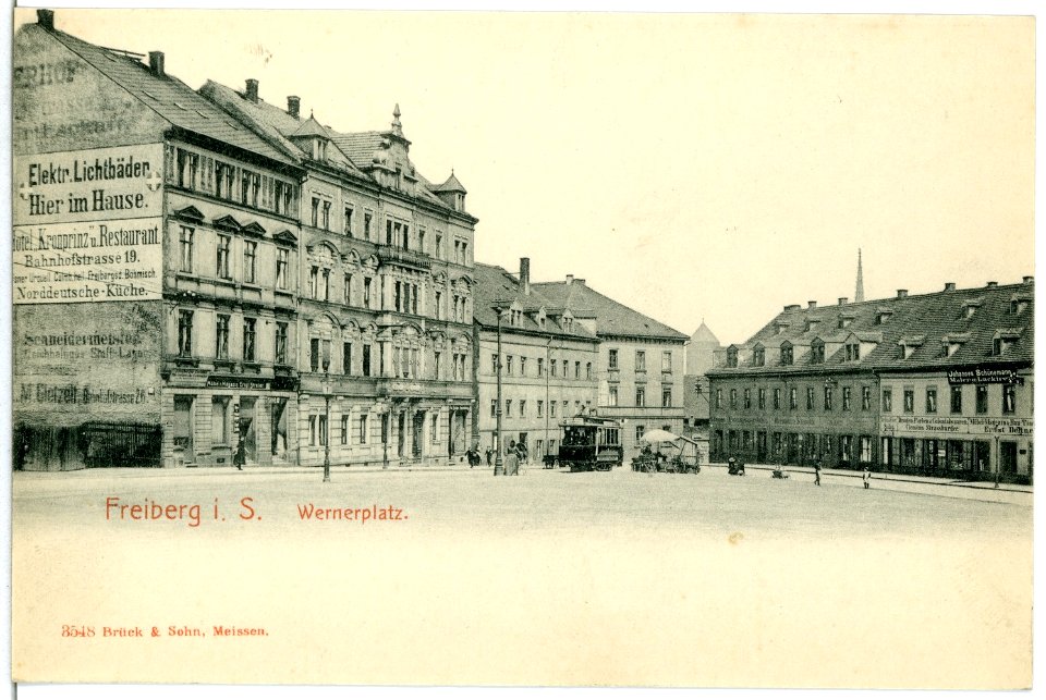 03548-Freiberg-1903-Wernerplatz mit Straßenbahn-Brück & Sohn Kunstverlag